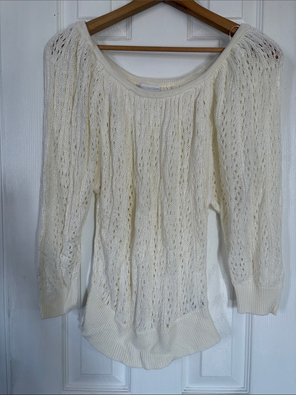 Worthington Cream Off-the-Shoulder Open-Knit Sweater